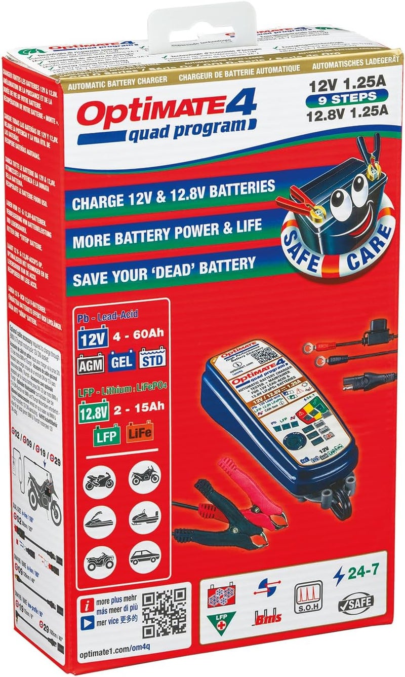 Tecmate Optimate 4 Quad Program, TM631, Gold Series: 9-Step 12V / 12.8V 1.25A Sealed Battery Saving Charger & maintainer - Image 5